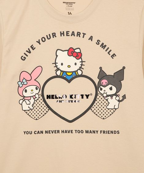 camiseta juvenil de algodão hello kitty bege