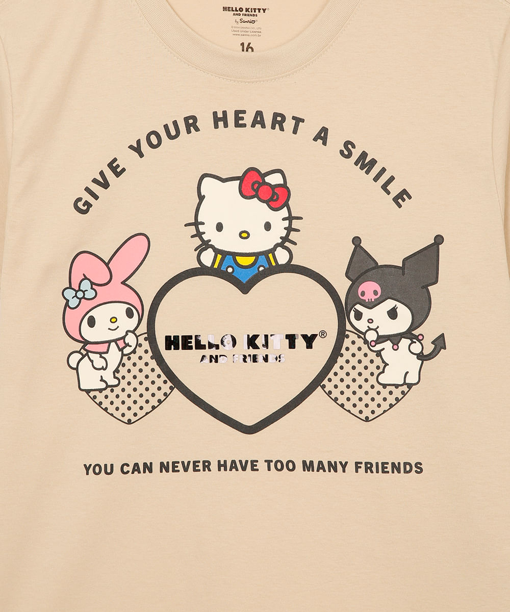 camiseta juvenil de algodão hello kitty bege