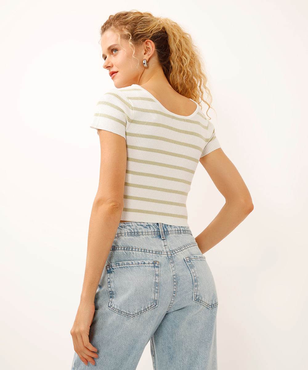 cropped de tricot manga curta listrado verde