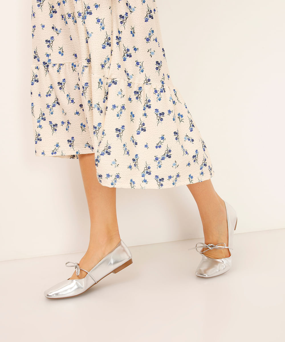 vestido midi alça fina floral off white