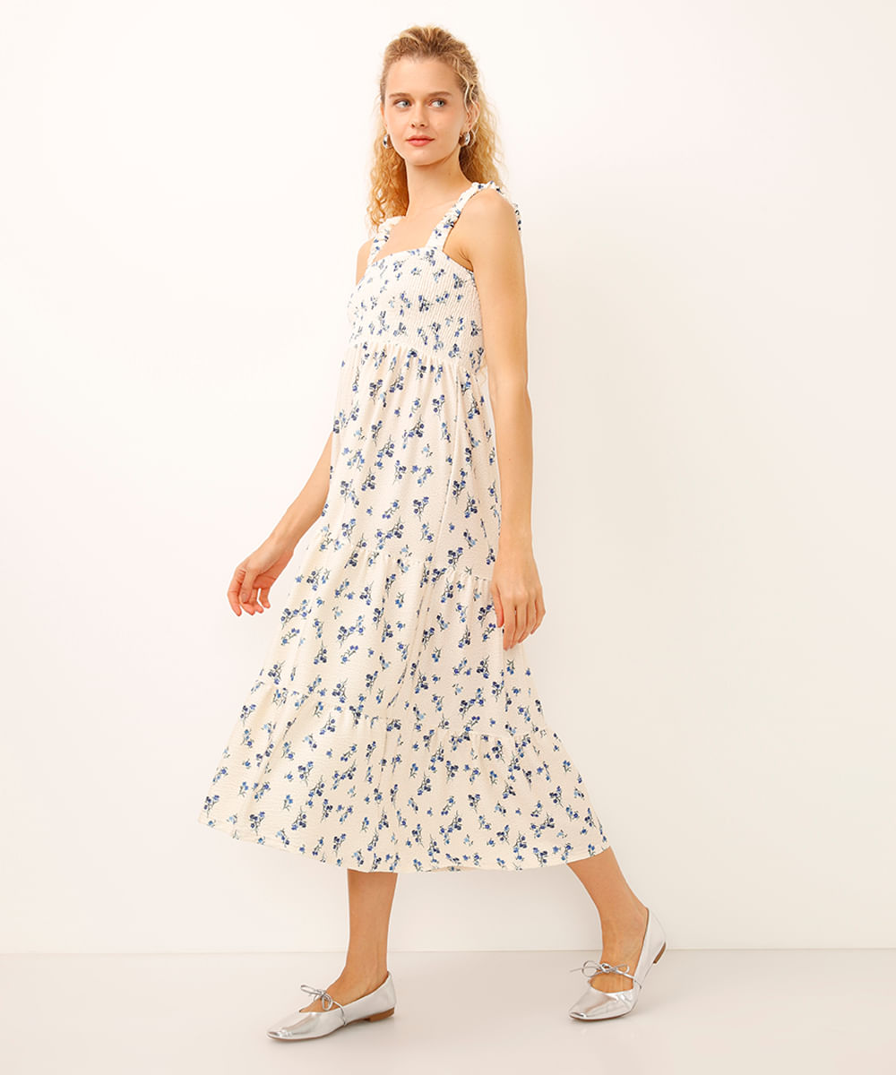 vestido midi alça fina floral off white