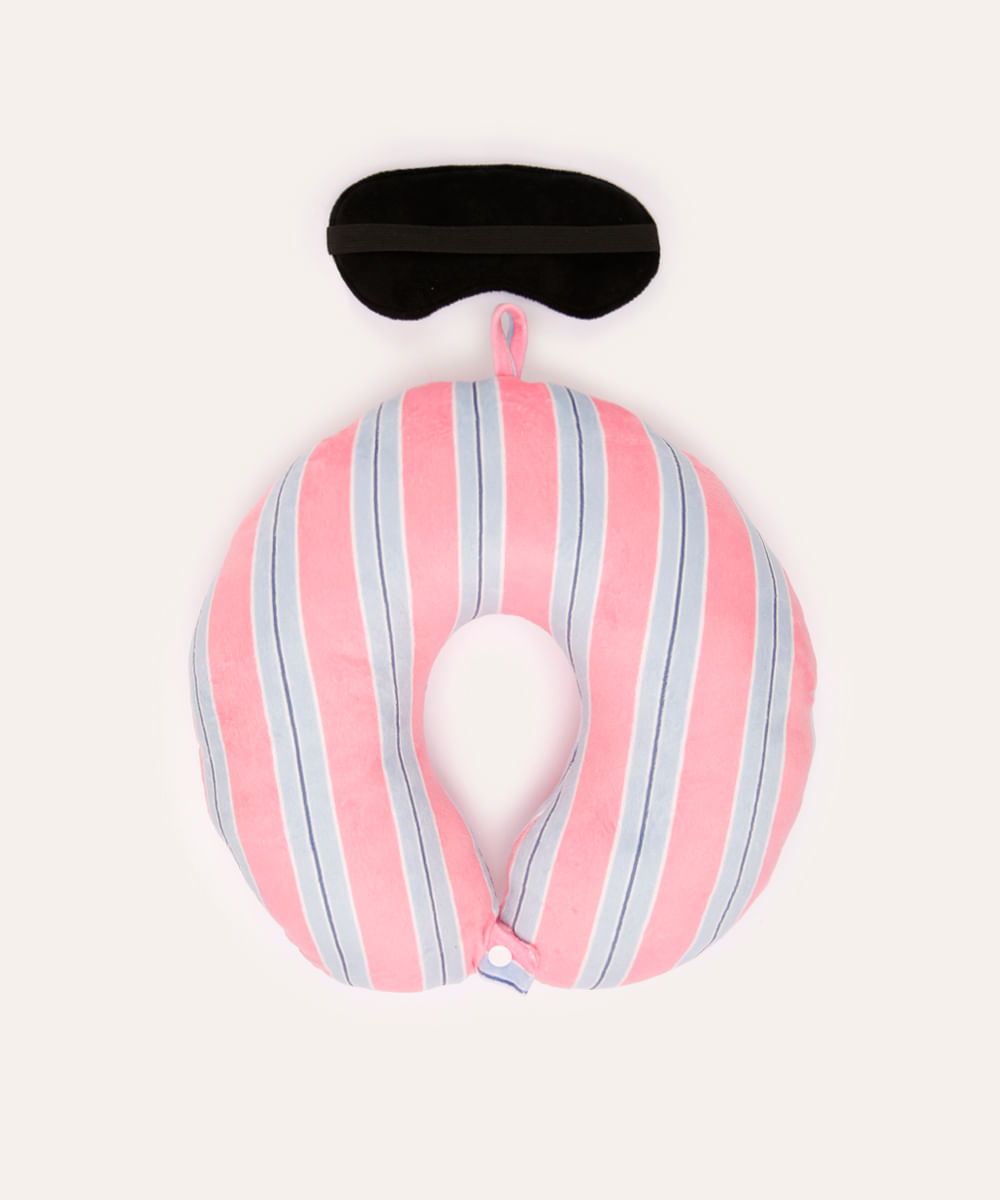 kit de apoio de pescoço e tapa olho listrado rosa