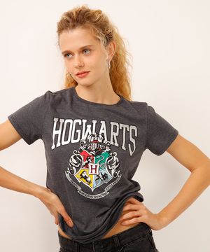 camiseta de algodão manga curta hogwarts cinza