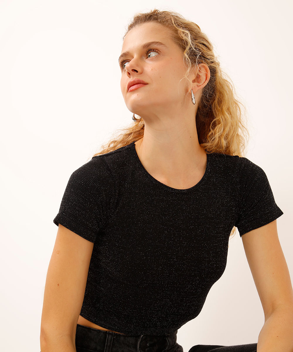 cropped de poliamida com lurex texturizado preto