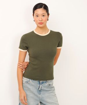 camiseta de algodão cropped bicolor verde