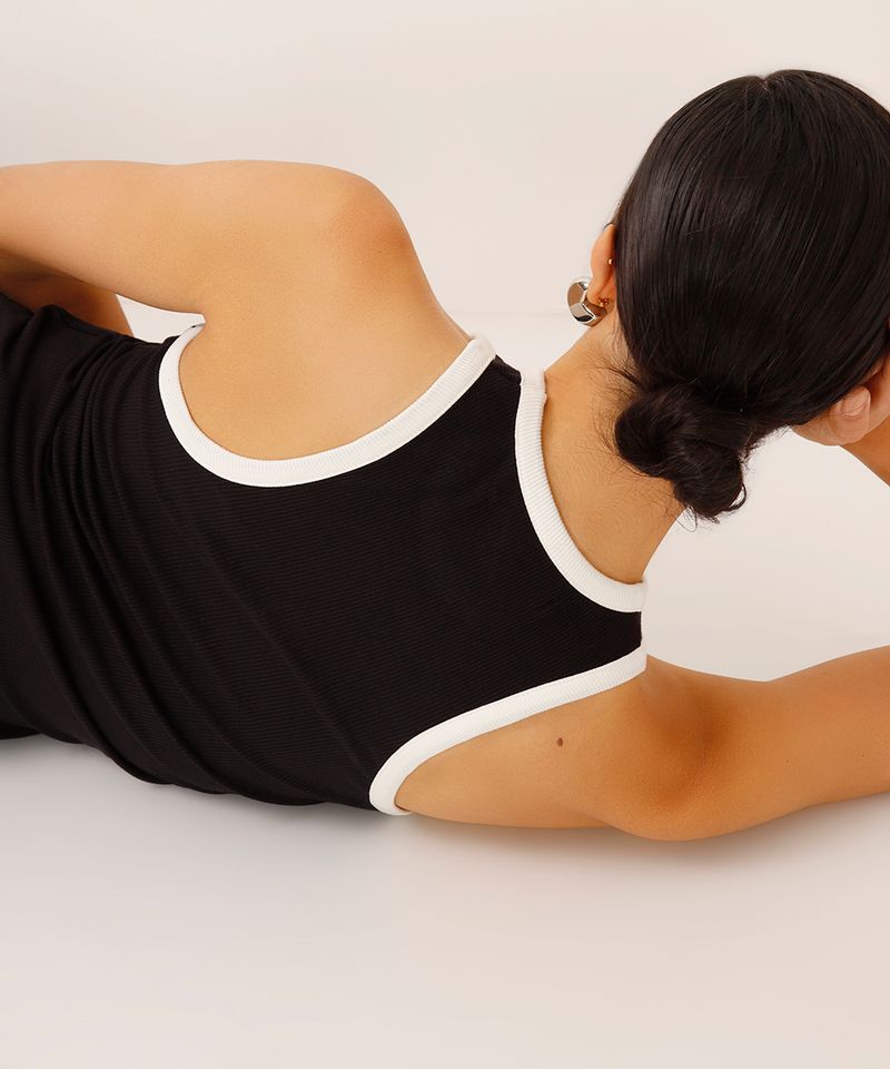 regata de viscose halterneck canelada bicolor preta