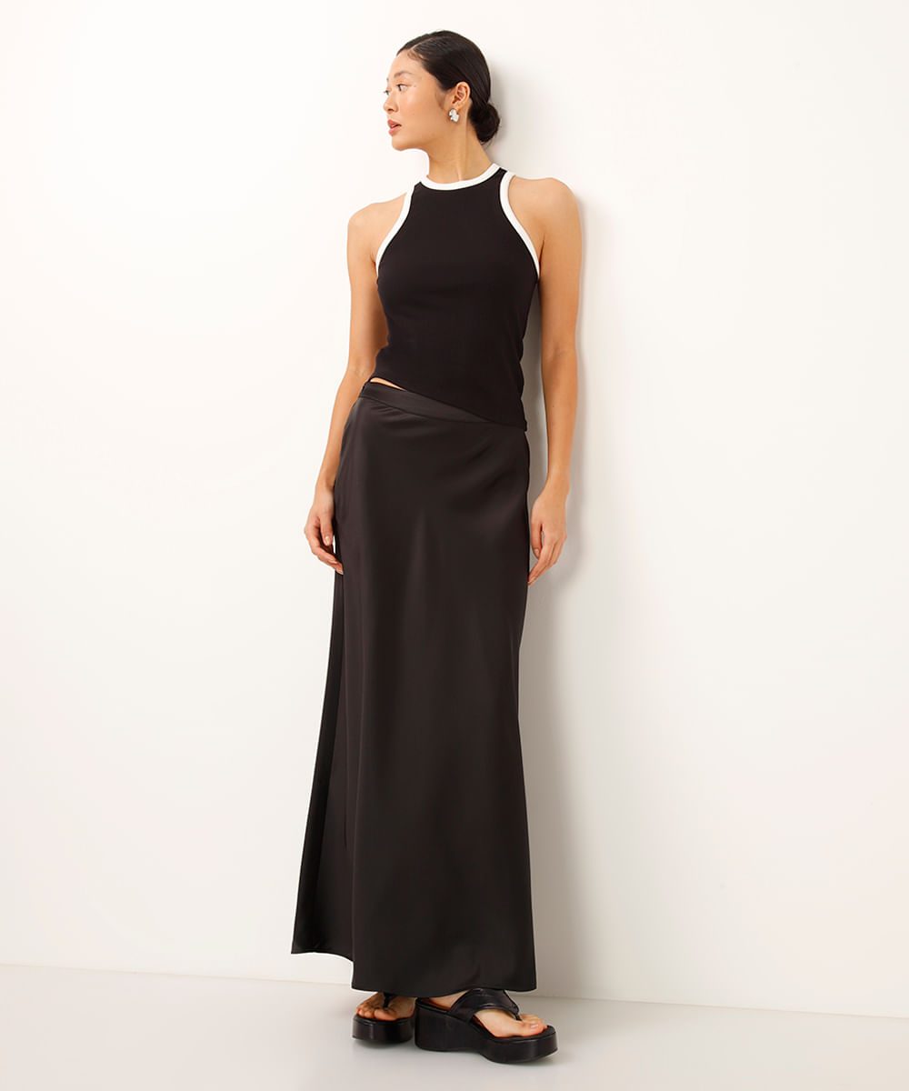 regata de viscose halterneck canelada bicolor preta