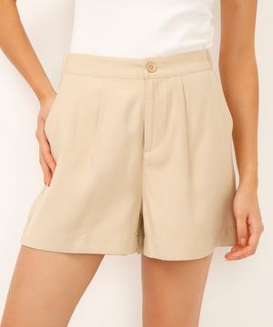 short de viscose alfaiataria cintura alta com elástico bege