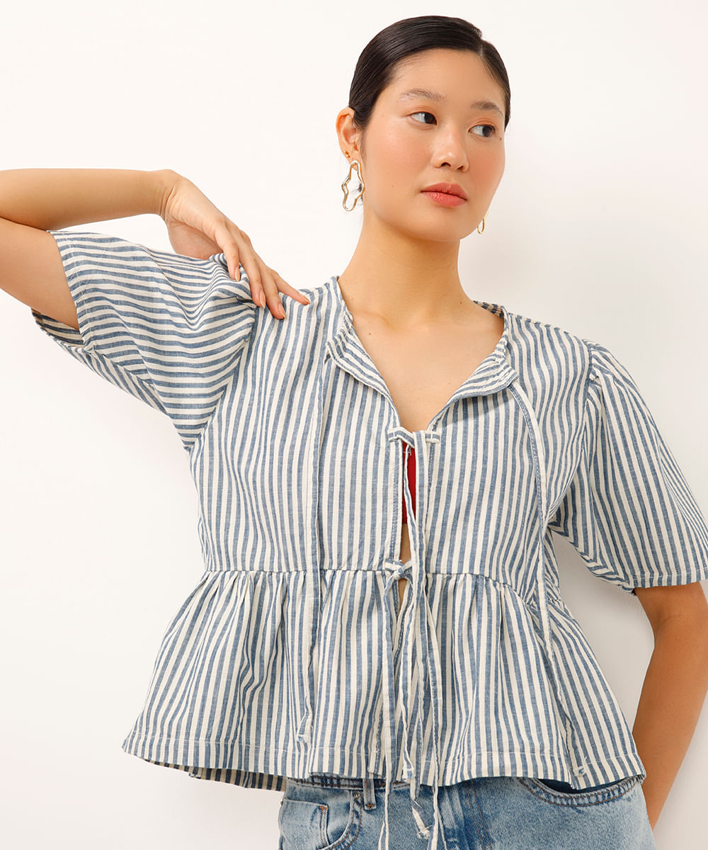 blusa de sarja com laços listrada azul