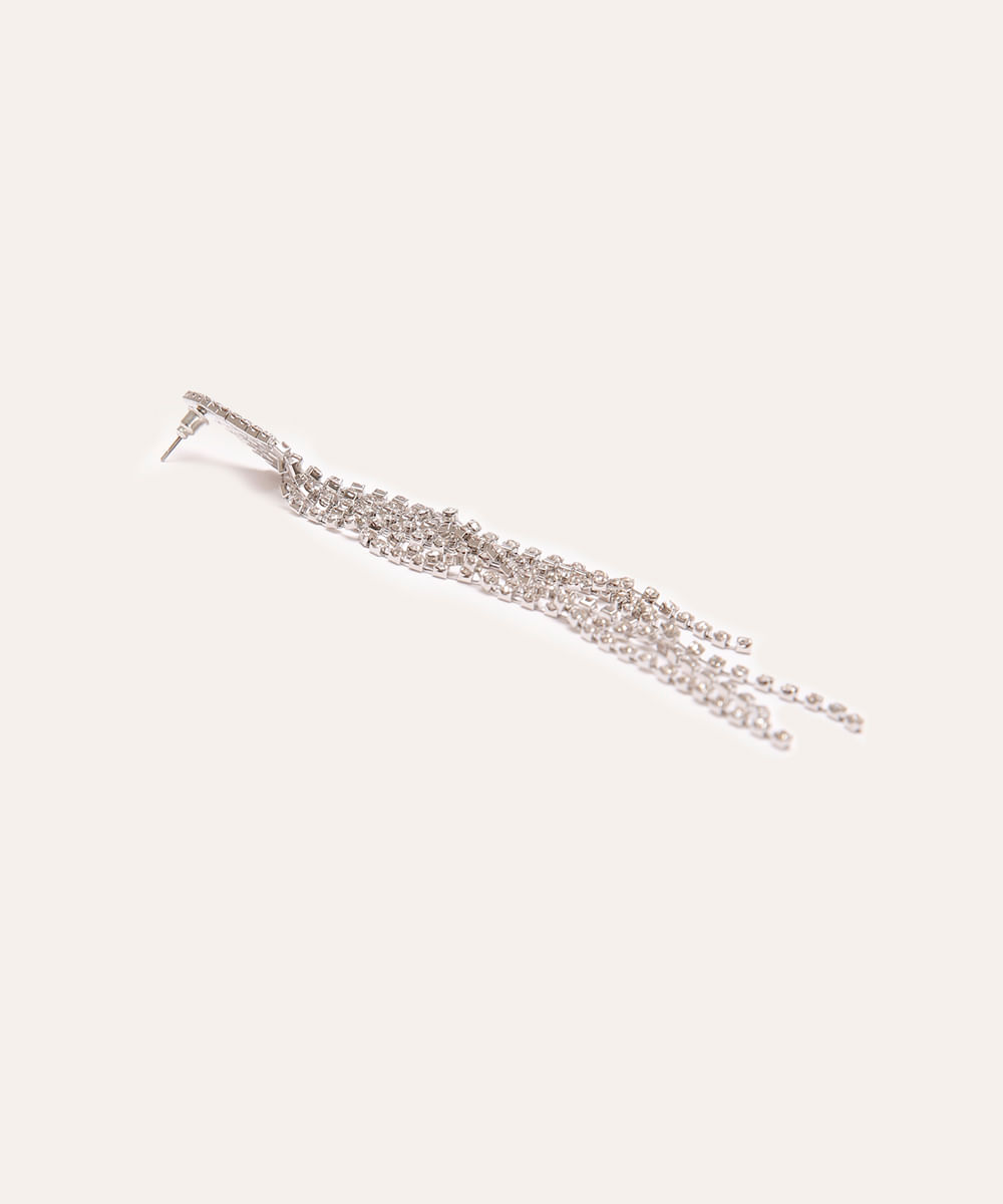 brinco de strass com franjas prateada
