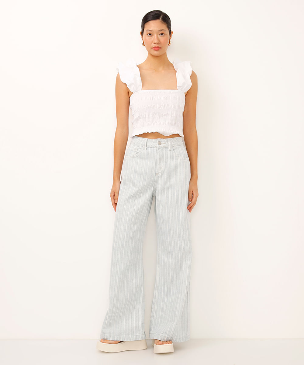 calça wide leg jeans cintura alta listrada azul