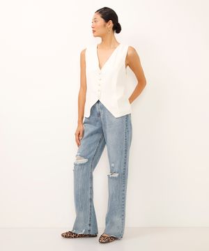 calça wide leg slim jeans cintura alta destroyed azul