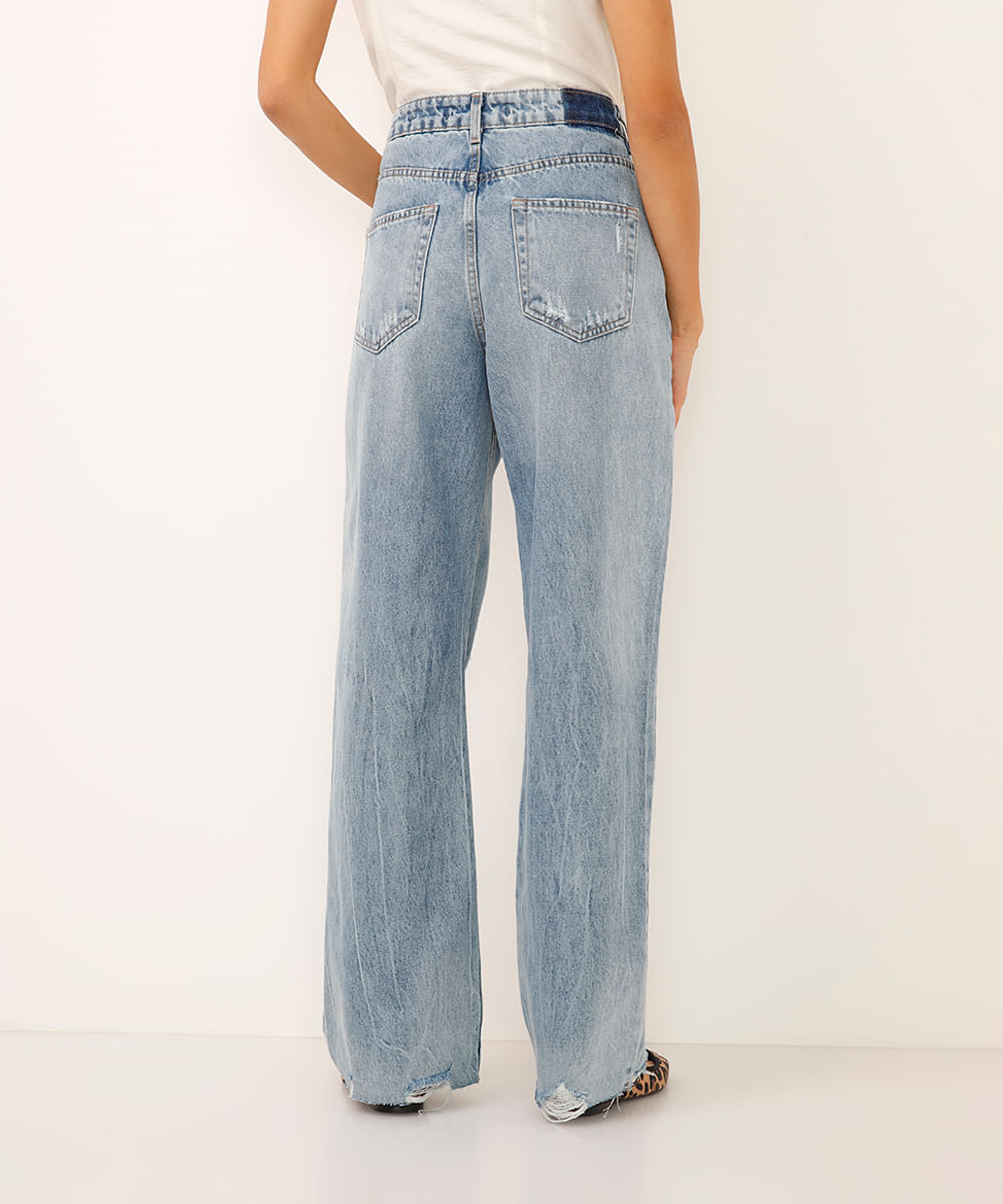 calça wide leg slim jeans cintura alta destroyed azul