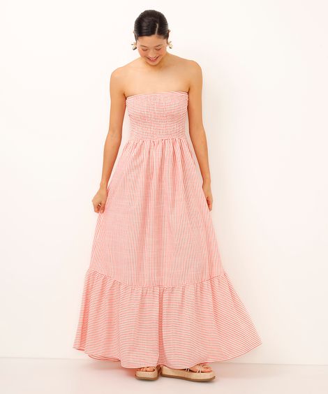 vestido longo de viscose sem alça listrado vermelho