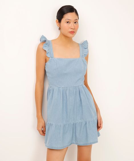 vestido curto jeans alça com babados azul