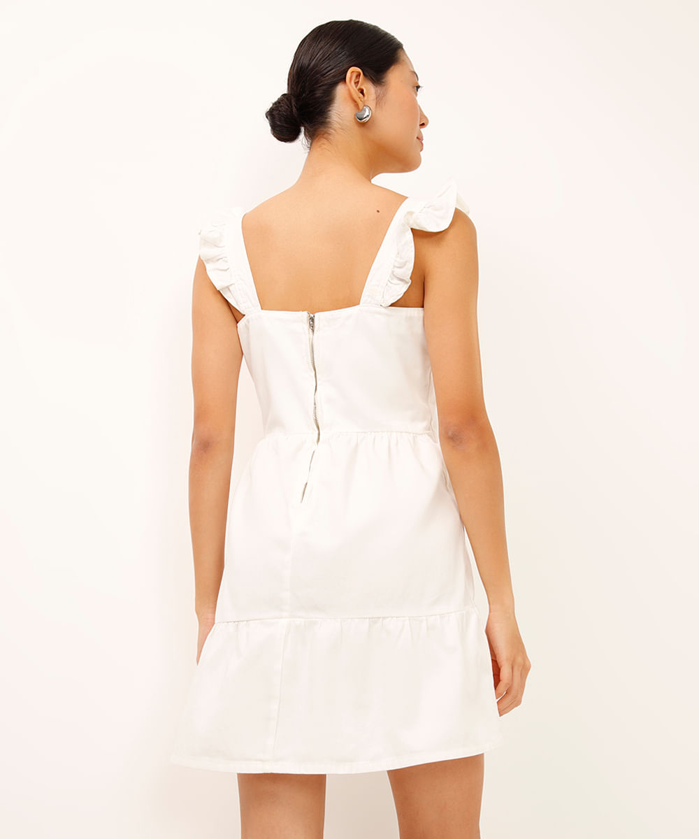 vestido curto de sarja alça com babados off white