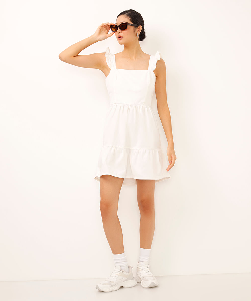 vestido curto de sarja alça com babados off white