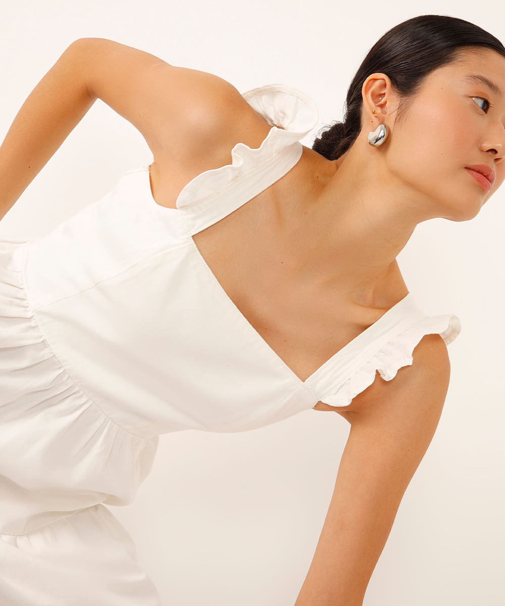 vestido curto de sarja alça com babados off white
