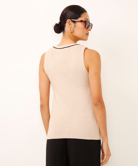 regata de tricot decote u bicolor bege