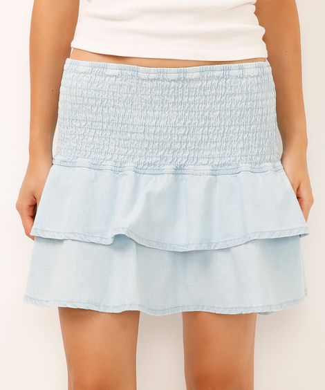 minissaia jeans babados cintura alta azul