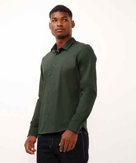 camisa slim fit de algodão manga longa verde