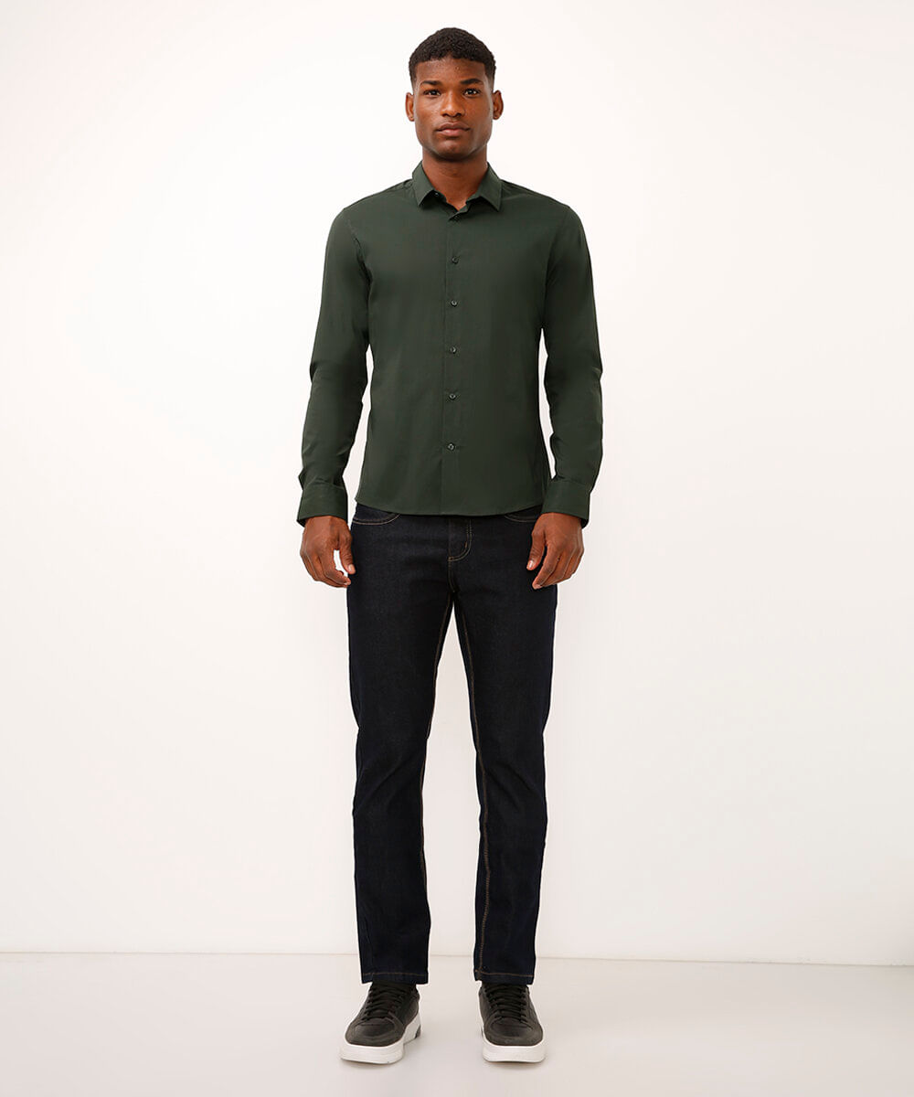 camisa slim fit de algodão manga longa verde