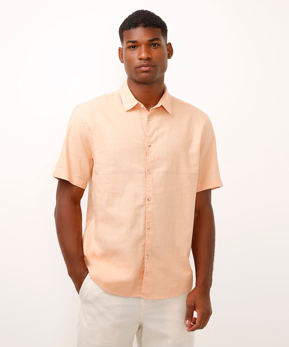 camisa comfort com linho manga curta laranja