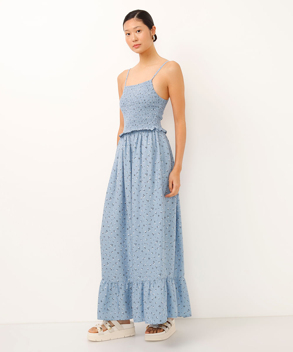 vestido midi de viscose floral azul
