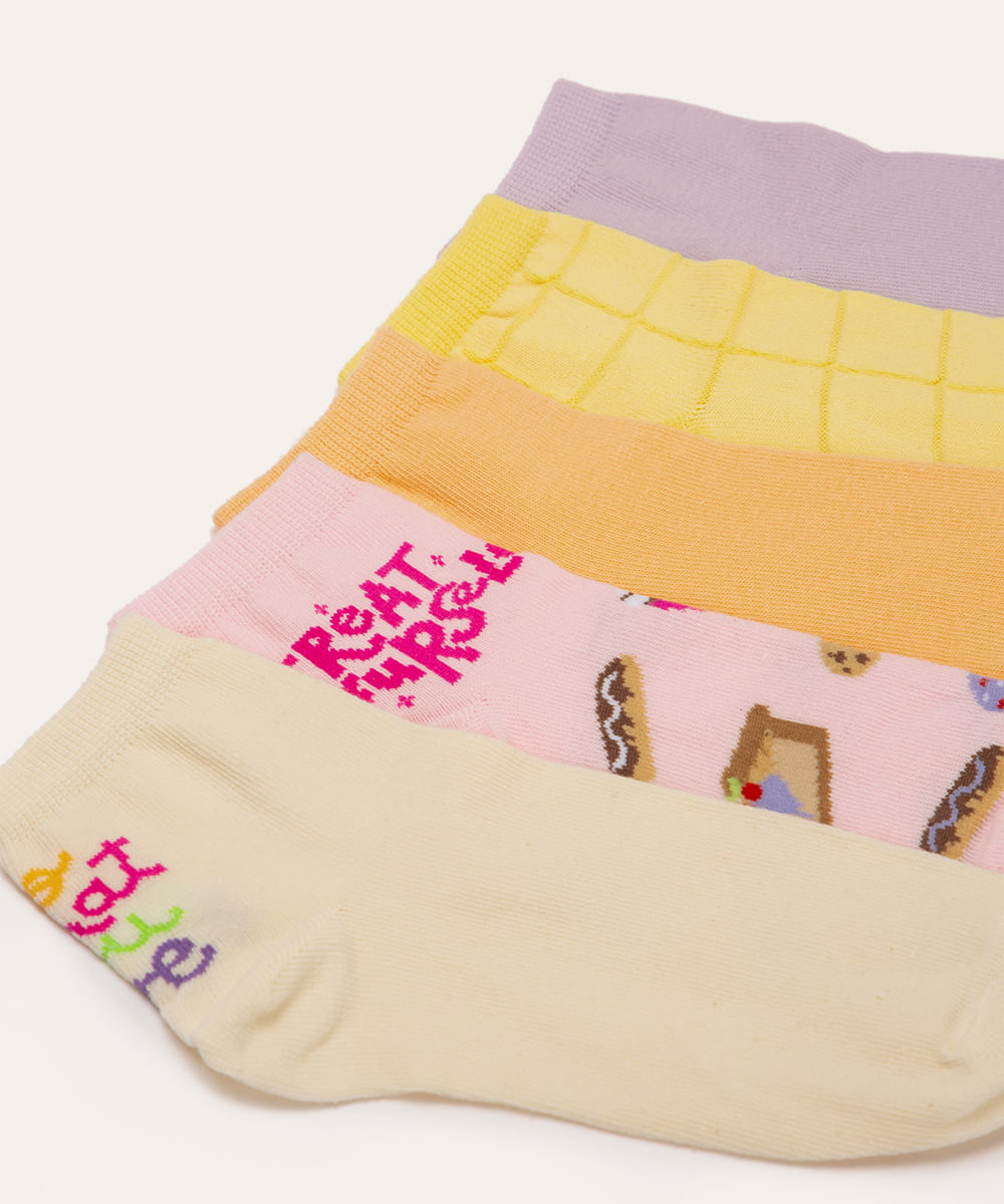 kit de 5 meias cano médio com textura do what you love colorido