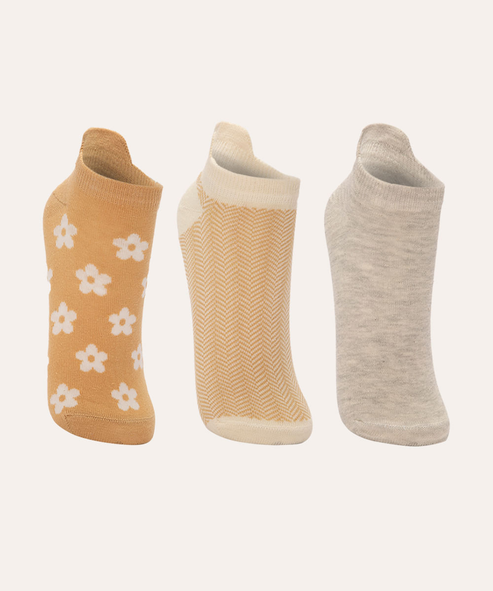 kit de 3 meias cano baixo floral colorida