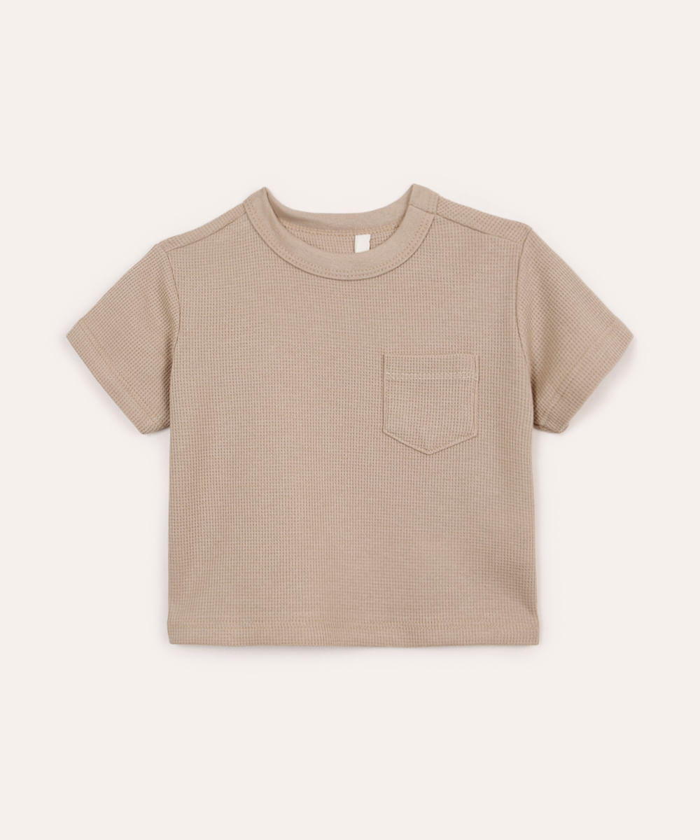 camiseta de algodão infantil com bolso texturizada bege