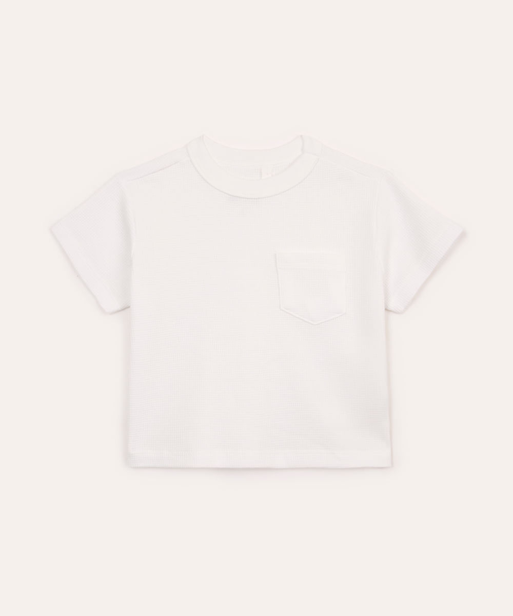 camiseta de algodão infantil com bolso texturizada off white