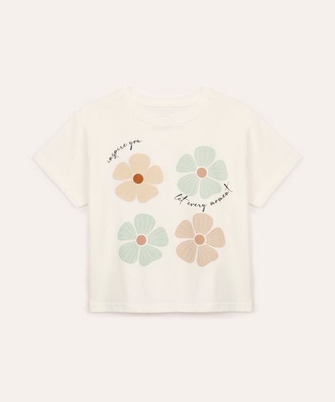 camiseta de algodão infantil manga curta floral off white