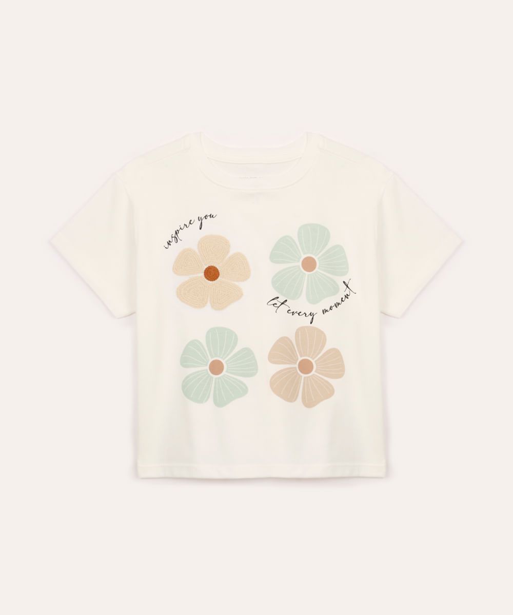 camiseta de algodão infantil manga curta floral off white