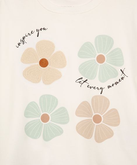 camiseta de algodão infantil manga curta floral off white