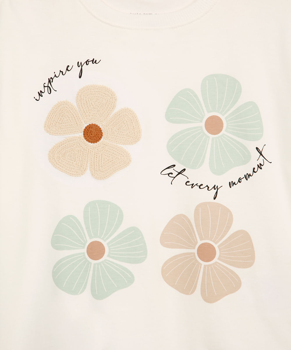 camiseta de algodão infantil manga curta floral off white