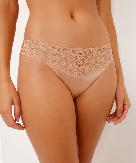 calcinha fio dental renda floral bege