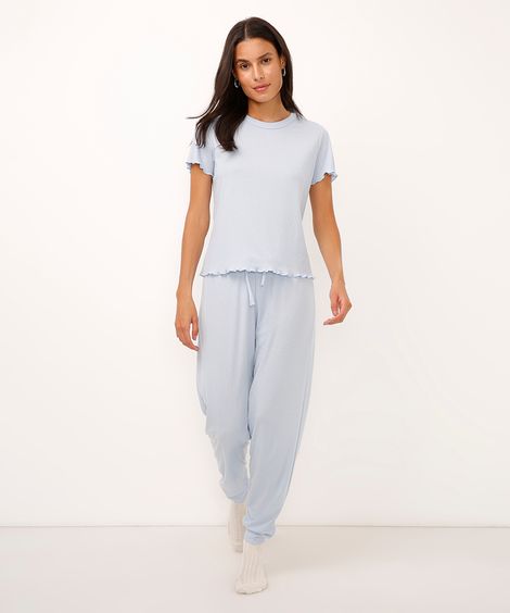 calça de pijama jogger canelada - azul