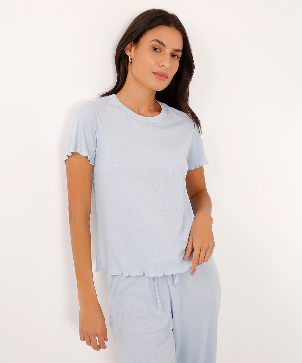 blusa de pijama manga curta canelada  - azul