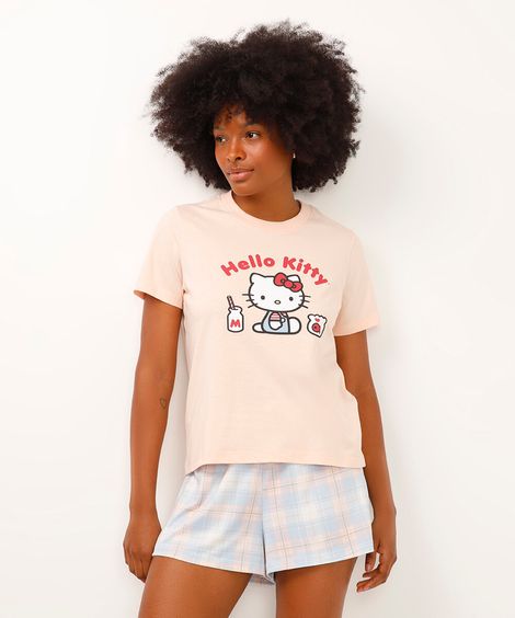 camiseta de pijama manga curta hello kitty rosa