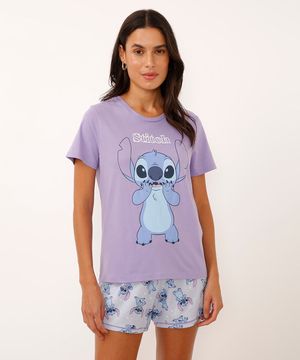 pijama de algodão manga curta com short stitch lilás