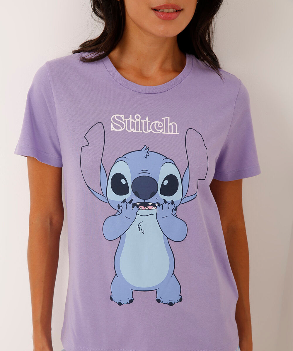 pijama de algodão manga curta com short stitch lilás