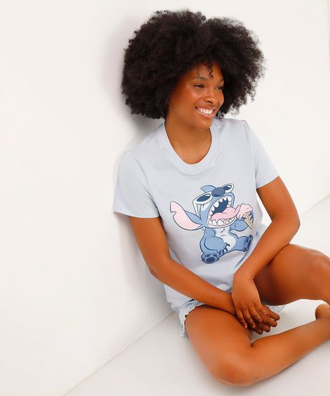 camiseta de pijama manga curta stitch azul