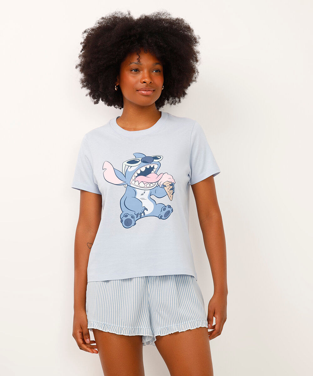 camiseta de pijama manga curta stitch azul