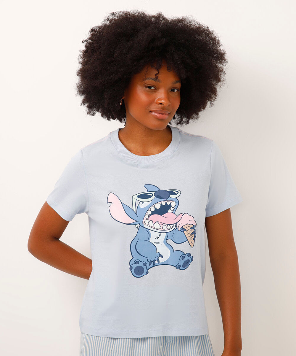 camiseta de pijama manga curta stitch azul