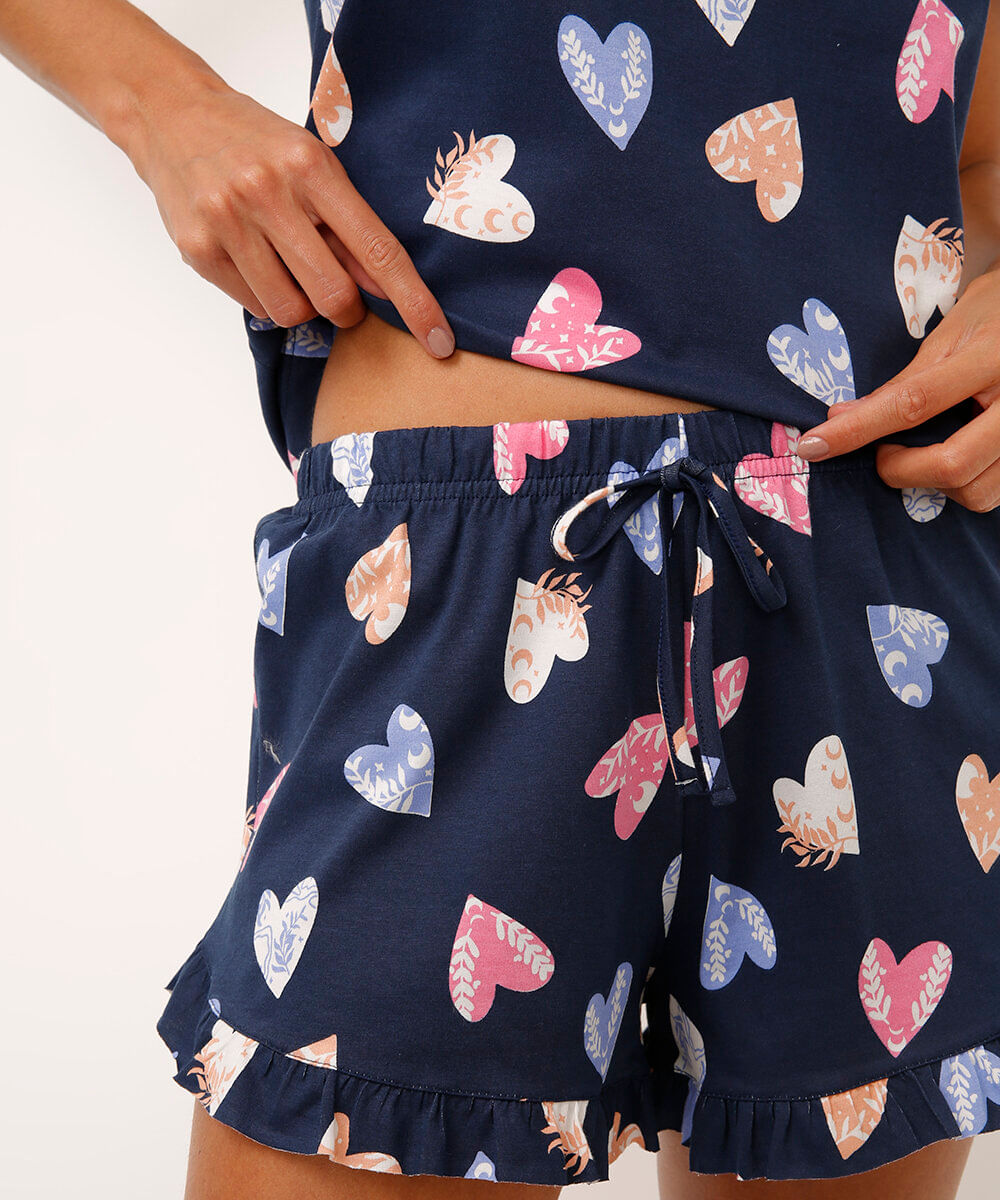 pijama malha de algodão corações alças finas azul