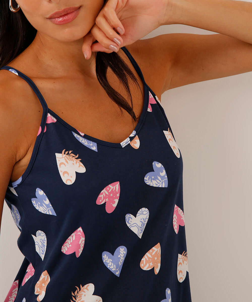 pijama malha de algodão corações alças finas azul
