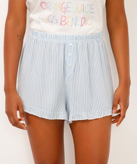 short de pijama listrado com babados azul