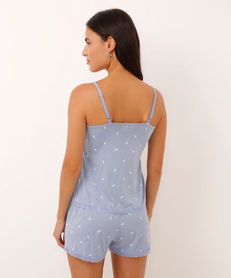 pijama de viscose lua com renda alça fina azul