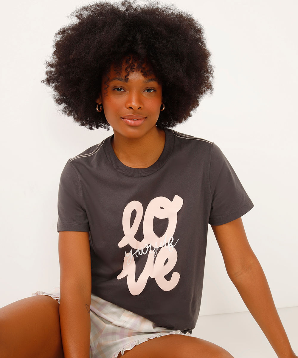 camiseta de pijama love yourself cinza